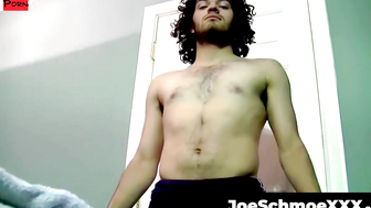 JoeSchmoeXXX.com - Handsome amateur curly haired dude jerks off his big thick cock