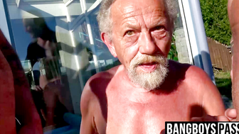 Threesome with gay horny grandpa and two younger studs
