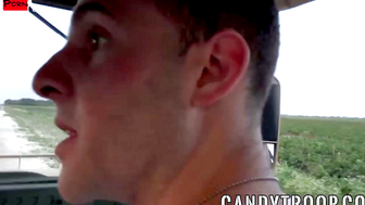 Inked soldier outdoors riding big army cock after blowjob