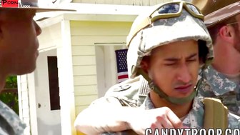 Army studs swap blowjobs before outdoor interracial foursome