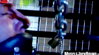 MuscleJockBound.com - Muscular man silenced with a ball gag while being heavily chain