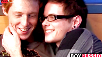 Nerdy young gay Timo Garrett riding big cock after mutual BJ