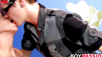 Nerdy young gay Timo Garrett riding big cock after mutual BJ