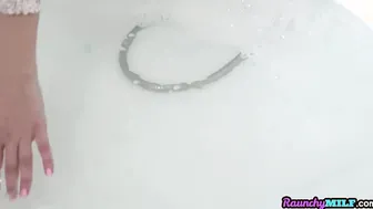 Caring stepmom doggystyled during crazy bath tub