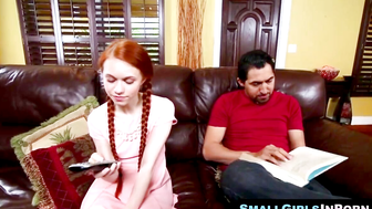 SmallGirlsInPorn.com - Petite redhead Dolly Little gags on Largo's big cock and swall