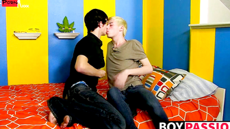 Young skinny gay lovers suck dick before anal fuck fest
