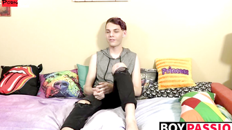 Young man interviewed and then he touches his big cock