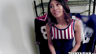 Asian Cheerleader Jasmine Grey hammered hard by bald coach Stirling Cooper