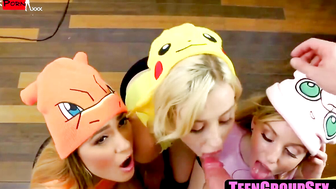TeenGroupSex.com - Dude catches and fucks three PokÃ©mon cosplayer chicks