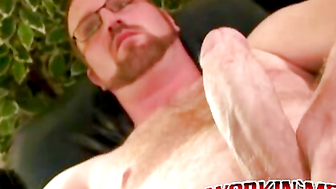 Hairy stud strokes his massive dick and shoots thick loads