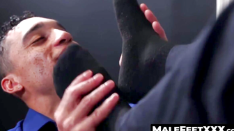 MaleFeetXXX.com - AJ Sloan's lustful footjob on jock Amone Bane's cock while stroking