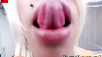 Busty tall shemale stroking her curved cock solo on camera