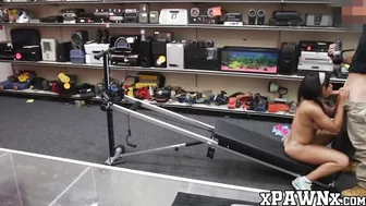 Slender Beauty fucks into pawnshop after demonstrating a workout