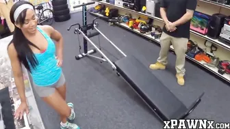 Slender Beauty fucks into pawnshop after demonstrating a workout