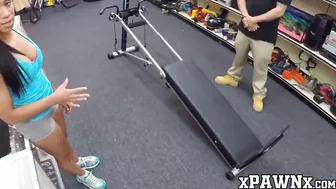 Slender Beauty fucks into pawnshop after demonstrating a workout