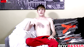 Young man interviewed before plowing his ass with dildo