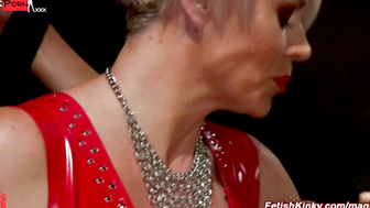 Domme pegs and squeezes balls to sub