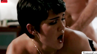 Lovely shemale gives horny friend extra hand