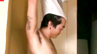 Twink is jerking off while having huge cock in his mouth