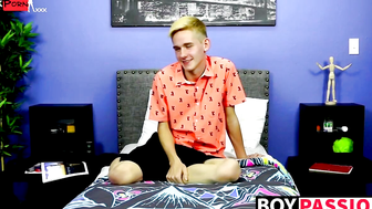 Skinny little twink with big fat dick tugs after interview