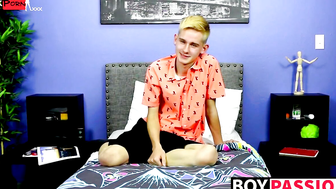 Skinny little twink with big fat dick tugs after interview