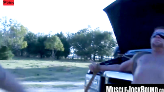 MuscleJockBound.com - Muscular gay's oily bondage and intense BDSM play during outdoo