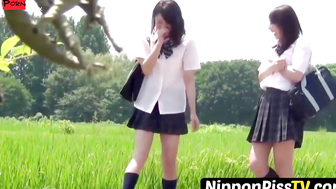 Japanese Schoolgirls in Natures Call Peeing in the Wild