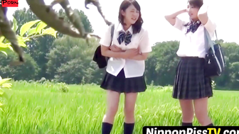 Japanese Schoolgirls in Natures Call Peeing in the Wild