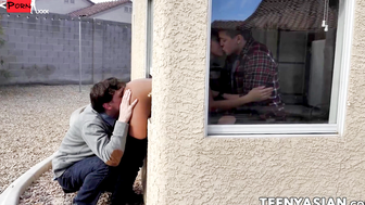 Delivery girl Ember Snow roughly fucked in a threeway session with lustful Jay Romero