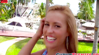 Blonde babe Kelsi Monroe blows and rides a dick outdoors