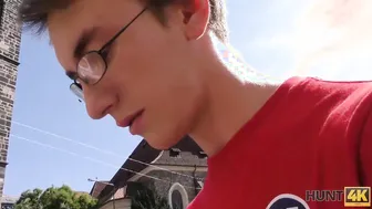 HUNT4K. Nerdy cuck obediently watches GF sex with stranger