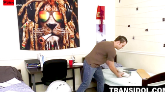 Steamy Semester Tattooed Trans Goddess Sucks Cock and Takes Professors Massive Dick
