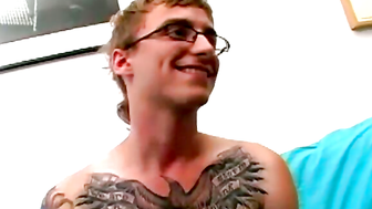 Cutie Owen flexed his ink before massaging his cock and fingering his hole