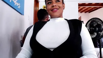 Sheila pulls gigantic brown jugs out of shirt and licks
