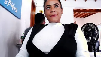 Sheila pulls gigantic brown jugs out of shirt and licks