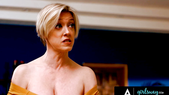 Lesbo Lounge #2: Big Boobs Blondes Sensuality with Curves" or "Curvaceous Cuties Share Intimate Moments", featuring Dee Williams (big tits) and Melody Marksy