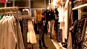 FITTING ROOM FRNZY - Hot blonde bombshell shares her dressing room with strangers & gets caught sucking cock
