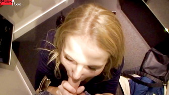 FITTING ROOM FRNZY - Hot blonde bombshell shares her dressing room with strangers & gets caught sucking cock