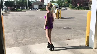 PUBLIC VEHICLE WASH INSIDE SKIMPY NIGHT CLUB DRESS NO LINGERIE HIGH HEELS