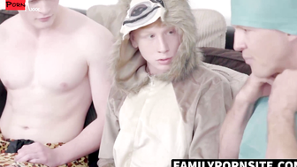 "Three Way Thrill Ride: Two Stud Males F*cking Hot Dad's Son And Step-Brother"