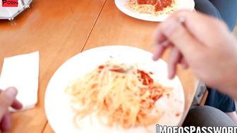 Hot dude throated and pussy pounds Ellie Nova during dinner