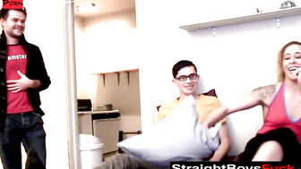 Suspicious Straight Guys Get A Foot Job And BlowJob From Hot Brunette