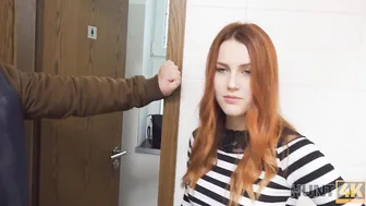 HUNT4K. Belle with red hair plowed by stranger into bathroom