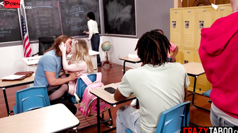 Petite Blondie Haley Squires Gets Ganged Up In Classroom Orgy