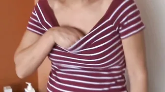58 YEAR OLDER UNSHAVED MOTHER HISPANIC SHOWING HER MELONS VOYEUR