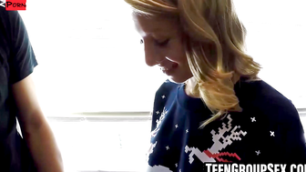 Teens Share A Double Blow Job And Swallow The Load In This Threesome