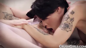 2 slim ladies lick finger and scissor until they both