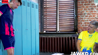 Soccer stud Dmitry Osten plays with Alex Blades hole in the locker room