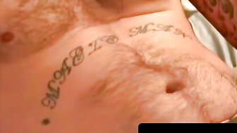 Heavily tattooed older guy wanks hard in his room