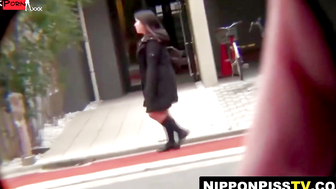Sultry Asian in knee socks hunts quiet spot for urgent piss